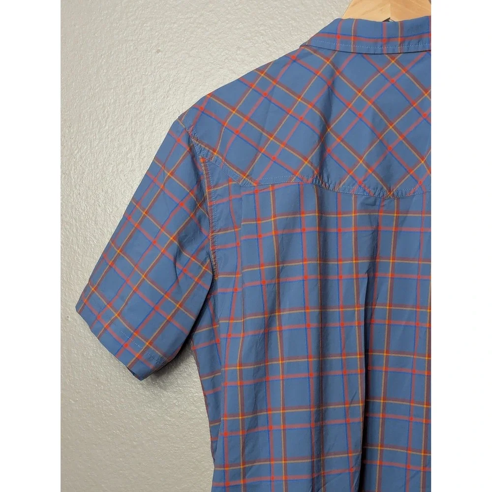 Stio Pearl Snap Shirt Mens Large Blue Orange Plaid Short Sleeve Hiking #2338